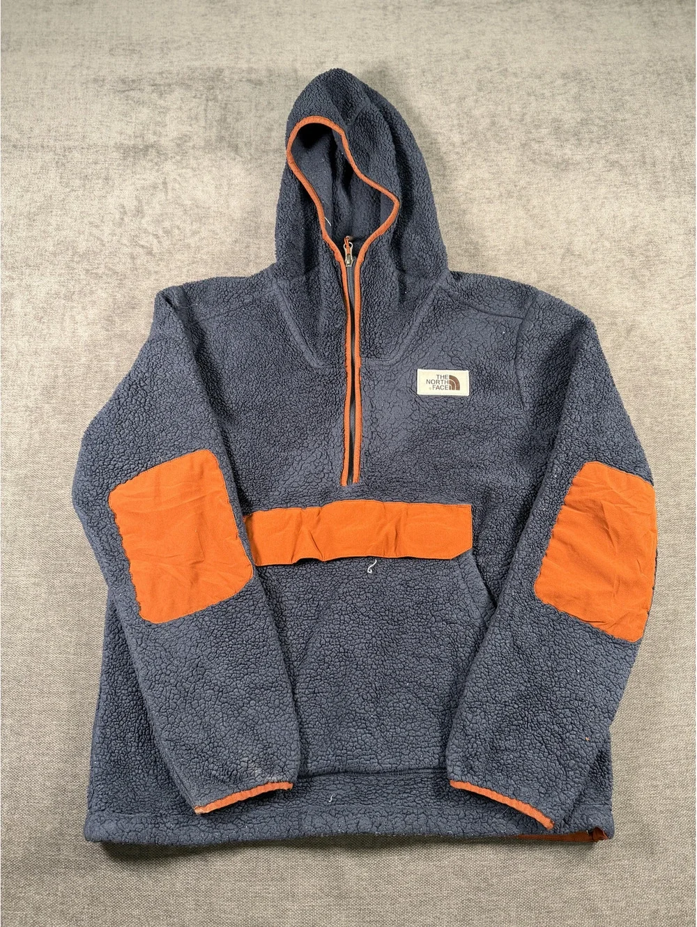 The North Face Men's Hooded Fleece Pullover Jacket Navy Blue and Orange M